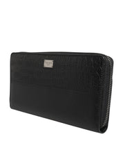 Black Leather Logo Plaque Zip Around Continental Wallet