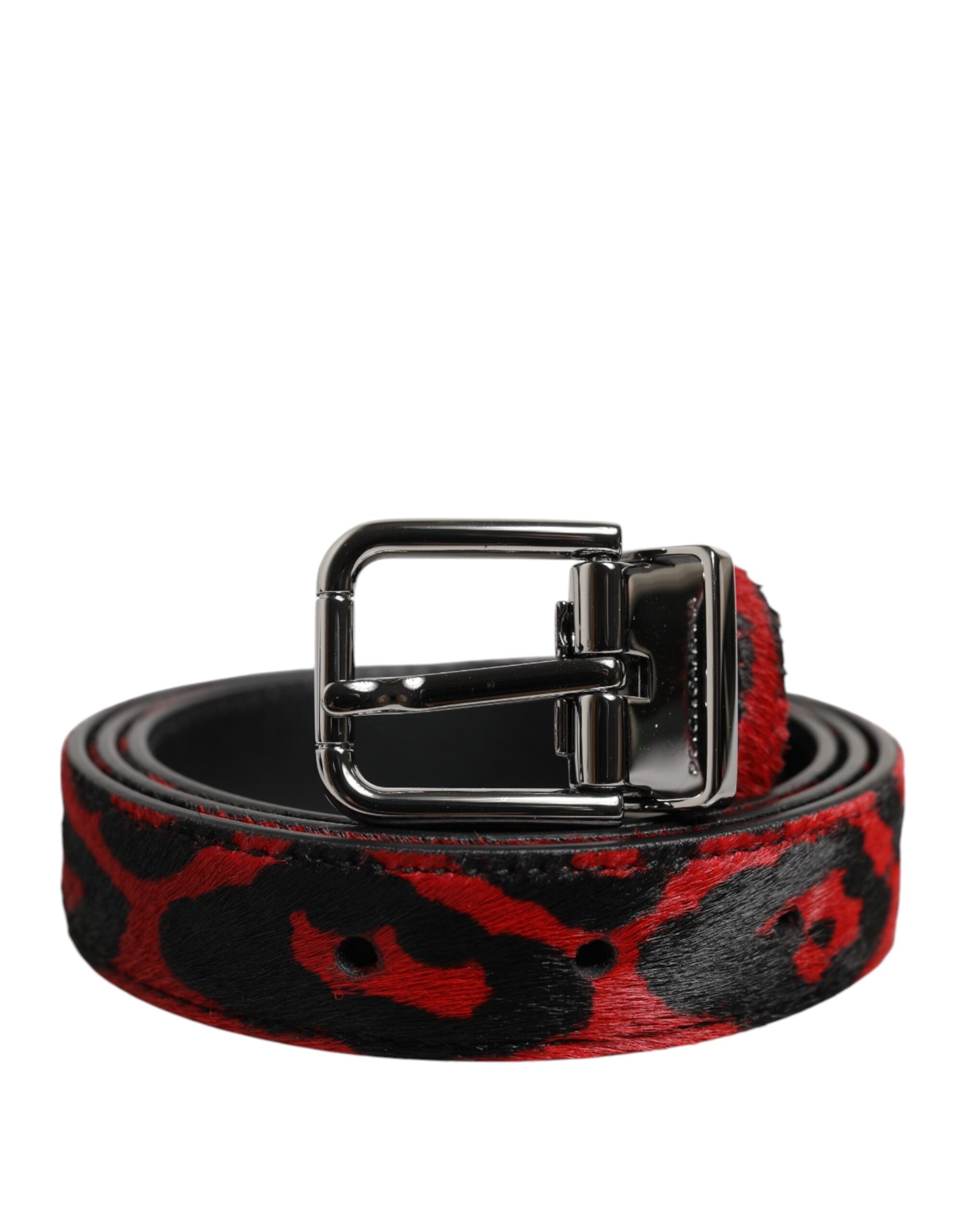 Dolce & Gabbana Black Red Leopard Silver Metal Buckle Belt