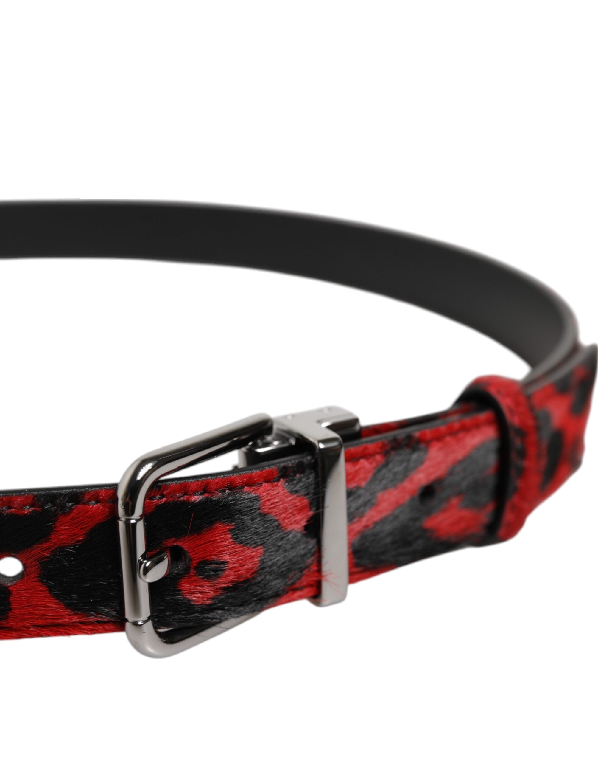 Dolce & Gabbana Black Red Leopard Silver Metal Buckle Belt