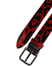 Dolce & Gabbana Black Red Leopard Silver Metal Buckle Belt