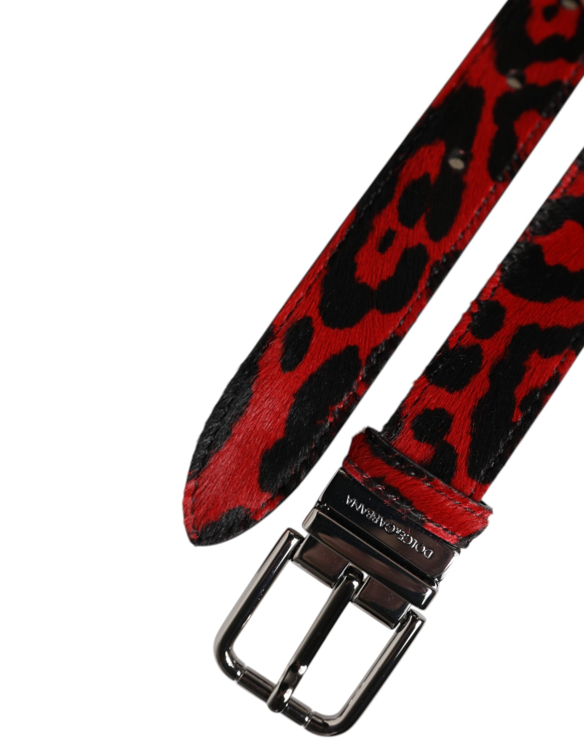 Dolce & Gabbana Black Red Leopard Silver Metal Buckle Belt