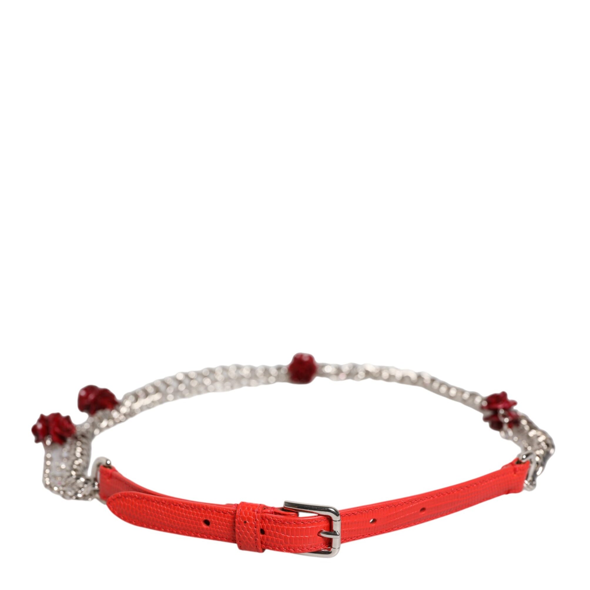 Dolce & Gabbana Red Leather Silver Chain Floral Cintura Belt Dolce & Gabbana