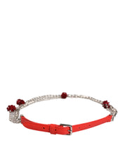 Dolce & Gabbana Red Leather Silver Chain Floral Cintura Belt Dolce & Gabbana