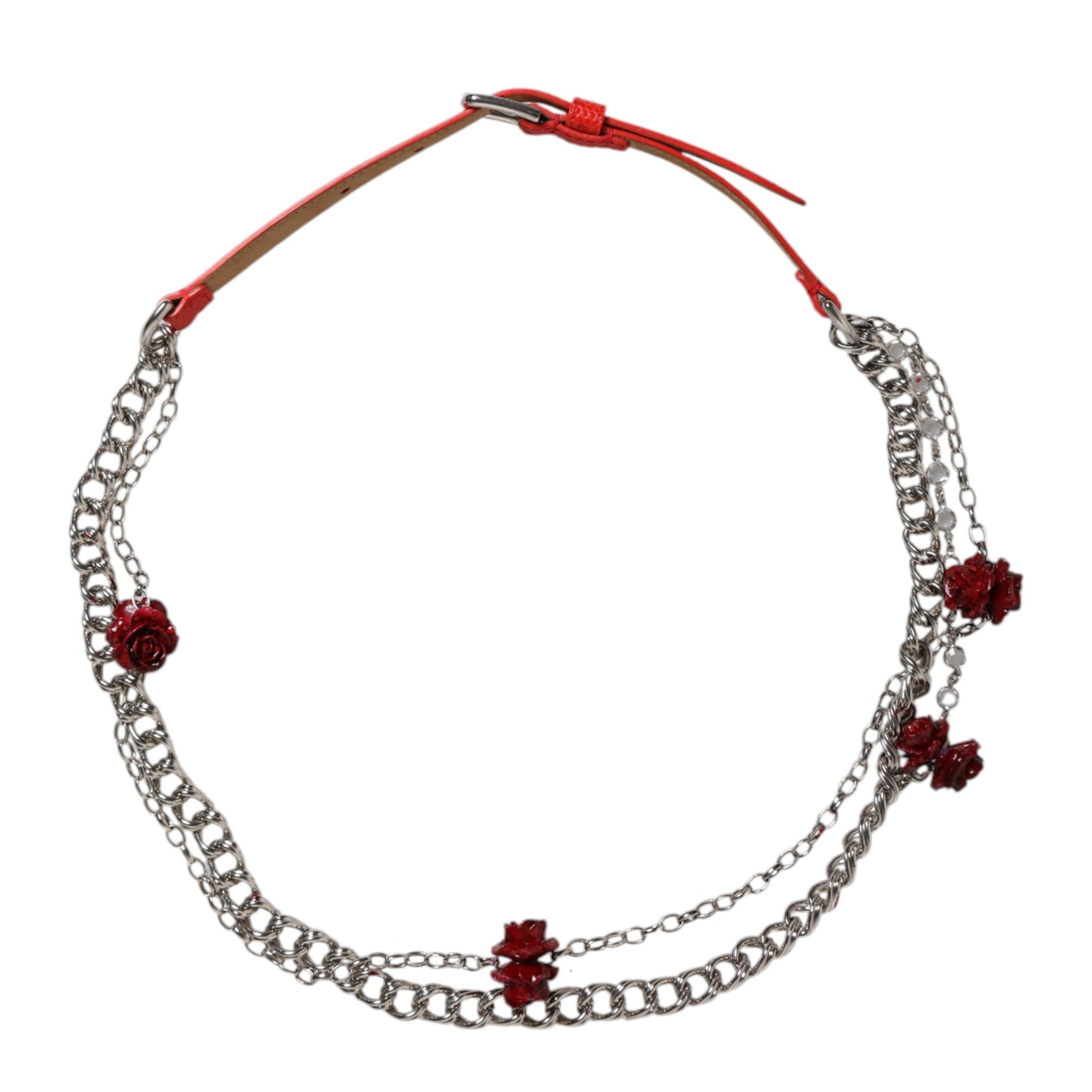 Dolce & Gabbana Red Leather Silver Chain Floral Cintura Belt Dolce & Gabbana