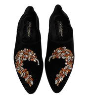 Black Velvet Embellished Loafer Slip On Shoes