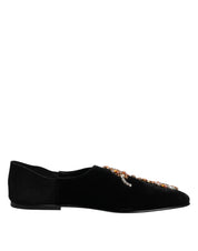 Black Velvet Embellished Loafer Slip On Shoes
