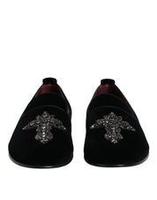 Black Velvet Embellished Loafer Slip On Shoes