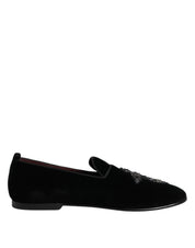Black Velvet Embellished Loafer Slip On Shoes