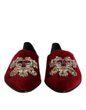 Black Red Velvet Embellished Slip On Shoes