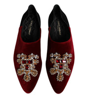 Black Red Velvet Embellished Slip On Shoes