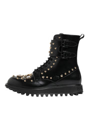 Black Studded Lace Up Mid Calf Boots Shoes