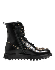 Black Studded Lace Up Mid Calf Boots Shoes