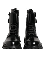 Black Leather Lace Up Mid Calf Boots Shoes