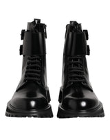 Black Leather Lace Up Mid Calf Boots Shoes