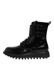 Black Leather Lace Up Mid Calf Boots Shoes
