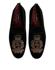Dolce & Gabbana Black Velvet Gold Crown Mens Loafers Shoes