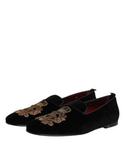 Dolce & Gabbana Black Velvet Gold Crown Mens Loafers Shoes