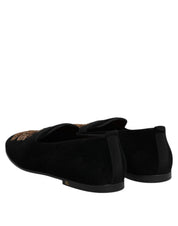 Dolce & Gabbana Black Velvet Gold Crown Mens Loafers Shoes