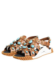 Dolce & Gabbana Brown Leather Studded Slides Sandals Shoes Dolce & Gabbana