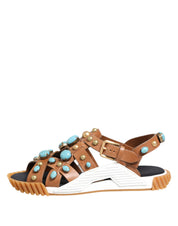 Dolce & Gabbana Brown Leather Studded Slides Sandals Shoes Dolce & Gabbana