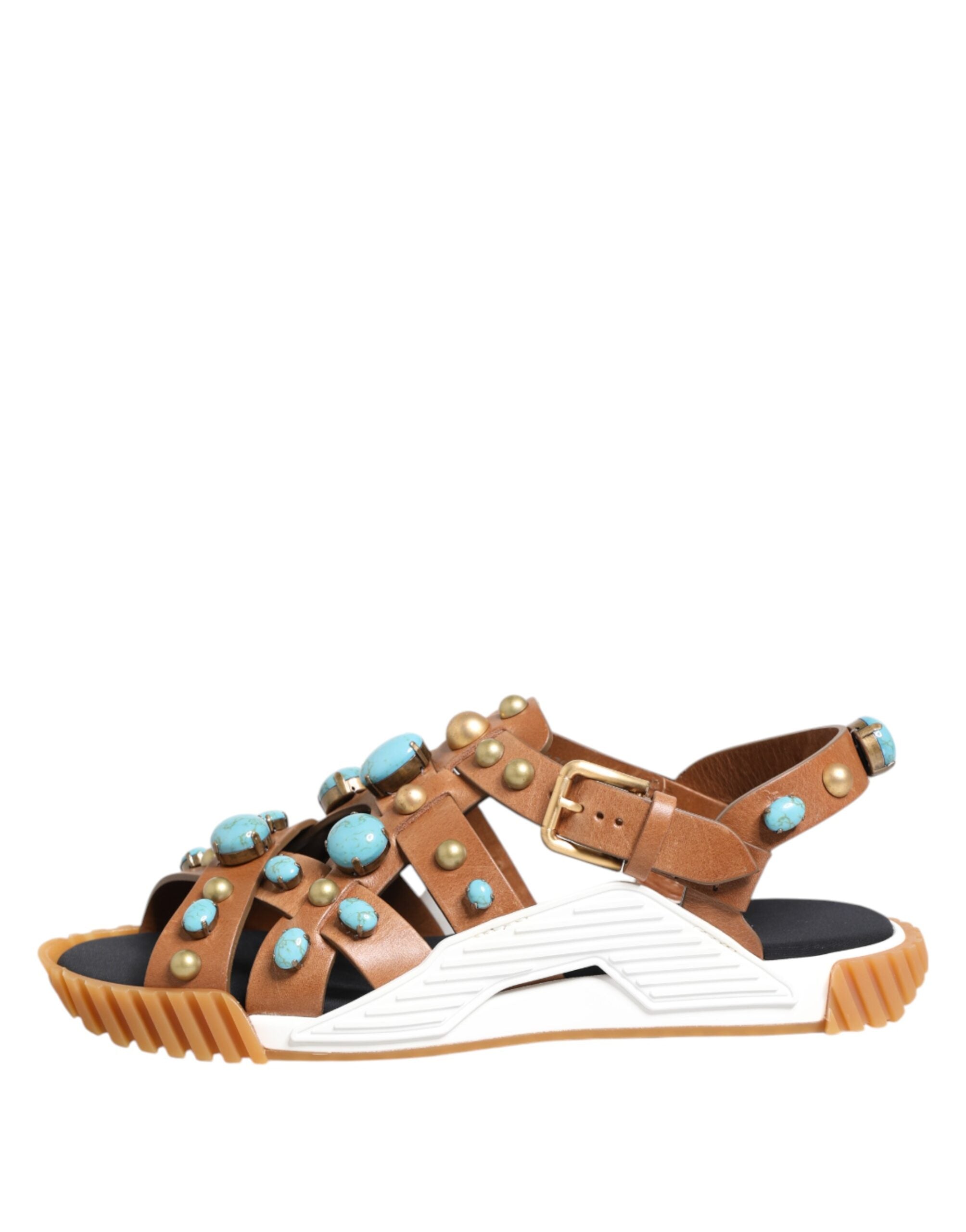 Dolce & Gabbana Brown Leather Studded Slides Sandals Shoes Dolce & Gabbana