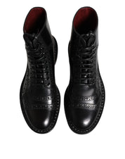 Black Leather Lace Up Mid Calf Boots Shoes