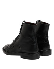 Black Leather Lace Up Mid Calf Boots Shoes
