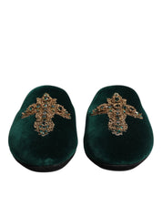 Dolce & Gabbana Green Velvet Cross Embellished Slippers Shoes Dolce & Gabbana