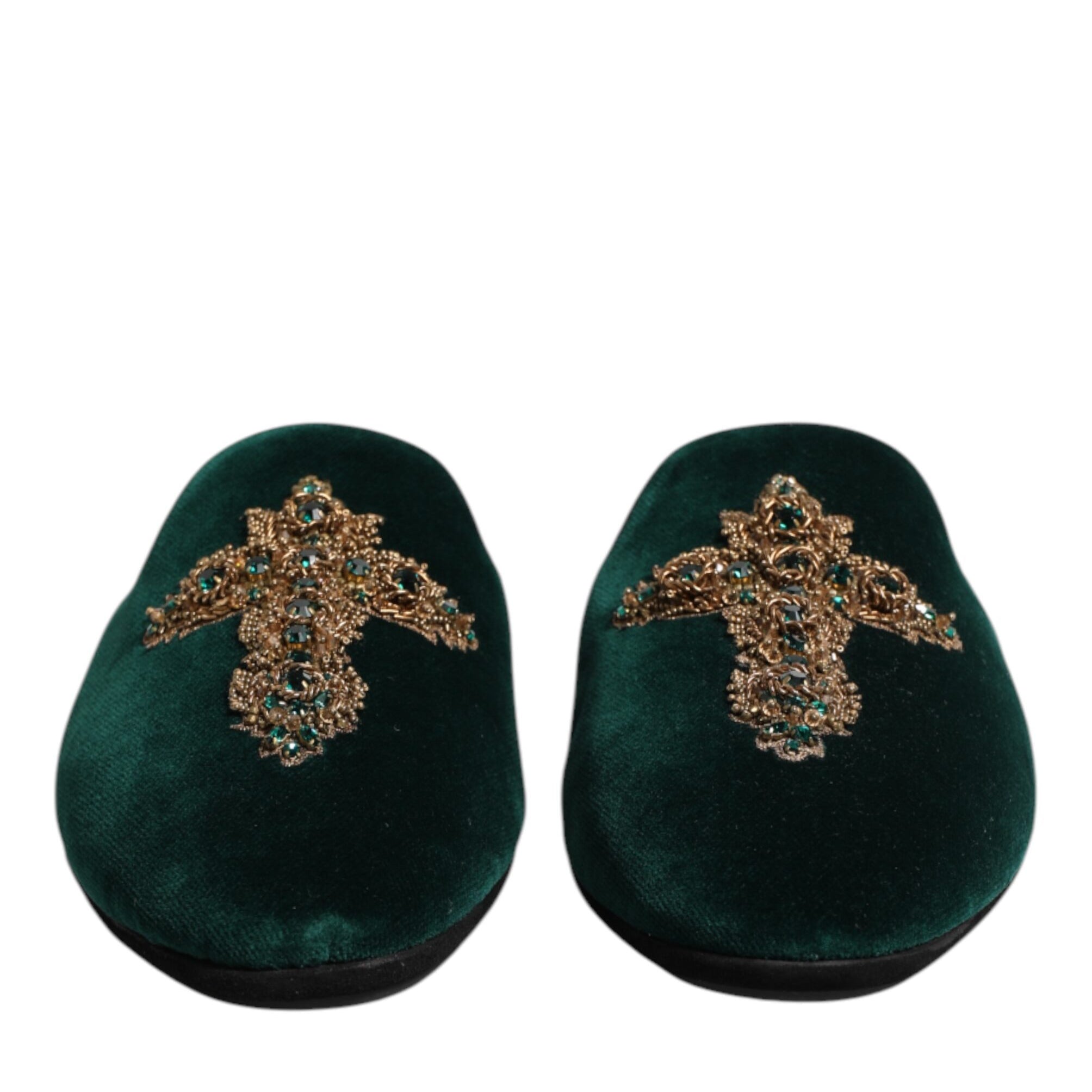 Dolce & Gabbana Green Velvet Cross Embellished Slippers Shoes Dolce & Gabbana