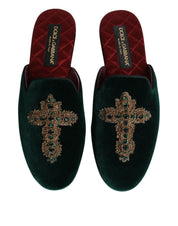 Dolce & Gabbana Green Velvet Cross Embellished Slippers Shoes Dolce & Gabbana