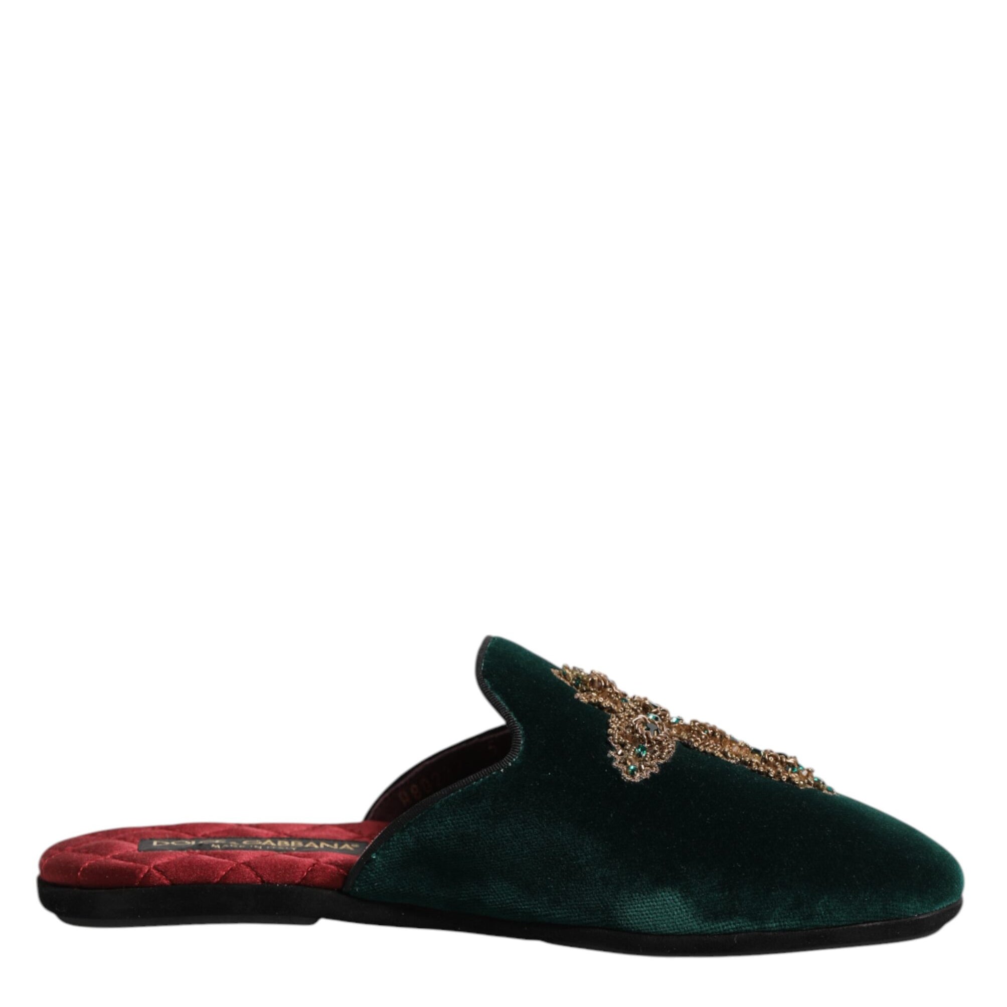 Dolce & Gabbana Green Velvet Cross Embellished Slippers Shoes Dolce & Gabbana