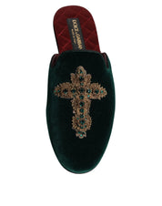 Dolce & Gabbana Green Velvet Cross Embellished Slippers Shoes Dolce & Gabbana