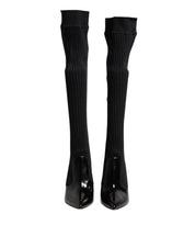 Black Leather Ribbed Knit Knee Boots Shoes