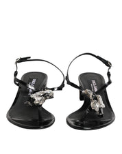 Black Leather Crystal Ankle Strap Sandals Shoes