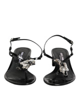 Black Leather Crystal Ankle Strap Sandals Shoes