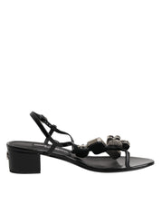 Black Leather Crystal Ankle Strap Sandals Shoes