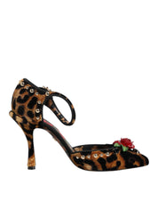 Brown Leopard Crystal Roses Pumps Shoes
