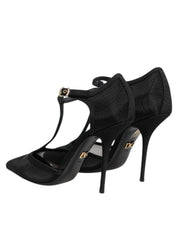 Black Mesh T-strap Stiletto High Heels Shoes