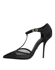 Black Mesh T-strap Stiletto High Heels Shoes