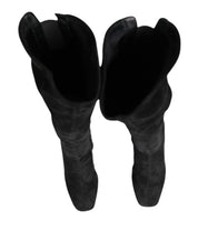 Black Suede Leather Knee High Boots Shoes