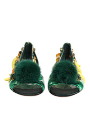 Green Mink Fur Satin Banana Leaf Sandals Shoes
