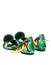 Green Mink Fur Satin Banana Leaf Sandals Shoes