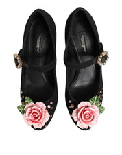Black Flower Crystal Embellished Mary Jane Shoes