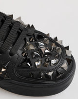 Black Leather Studded Low Top Sneakers Shoes