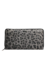 Black Gray Leopard Leather Zip Around Continental Wallet