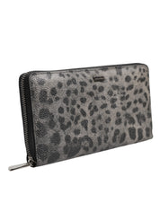 Black Gray Leopard Leather Zip Around Continental Wallet