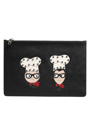 Black Leather #DGFAMILY Embellished Men Clutch Pouch Bag