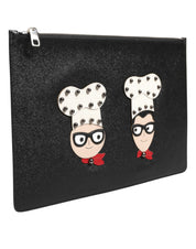 Black Leather #DGFAMILY Embellished Men Clutch Pouch Bag