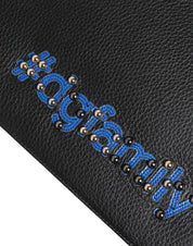 Black Leather #DGFAMILY Embellished Men Clutch Pouch Bag