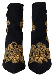 Black Gold Embroidery Crystal Boots Shoes